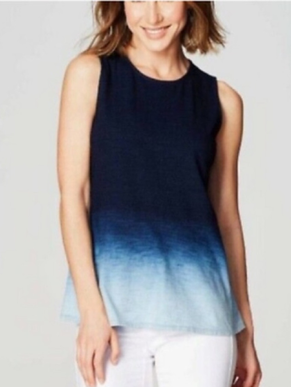 PureJill Indigo Dip Dye Navy to Light Blue Ombre Peplum Sleeveless Tank Beachy